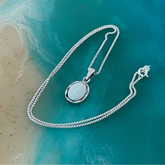 Sterling Silver Wavy White Lab Opal Necklace, October Birthstone Necklaces - Picture 4 of 11